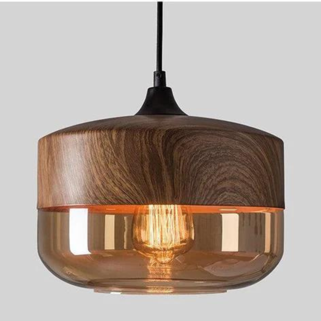 Nordluna – Scandinavische Houten Hanglamp met Getint Glas