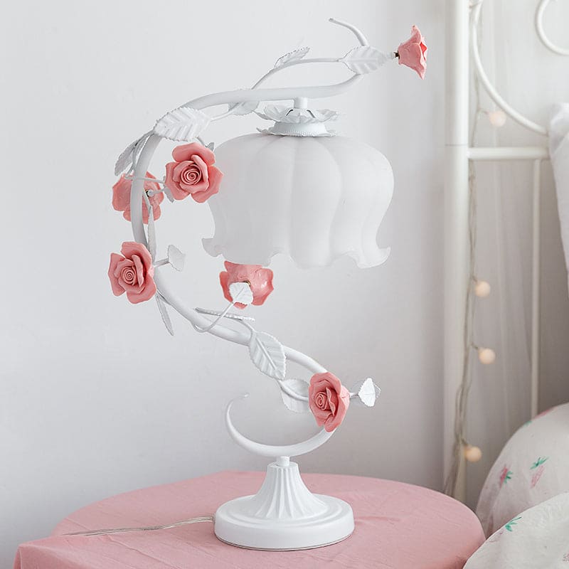 Floralux - Lampada da Tavolo in Stile Pastorale con Rosa in Ceramica