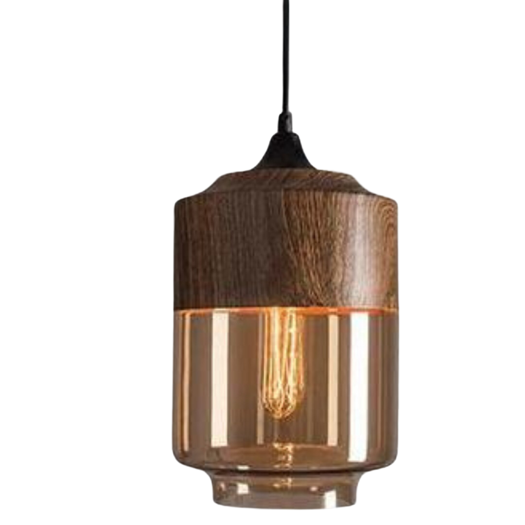 Nordluna – Scandinavische Houten Hanglamp met Getint Glas