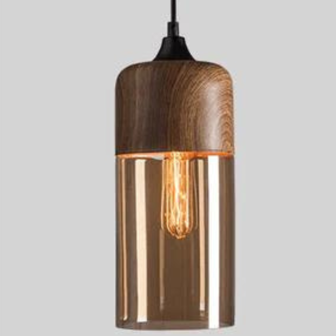 Nordluna – Scandinavische Houten Hanglamp met Getint Glas