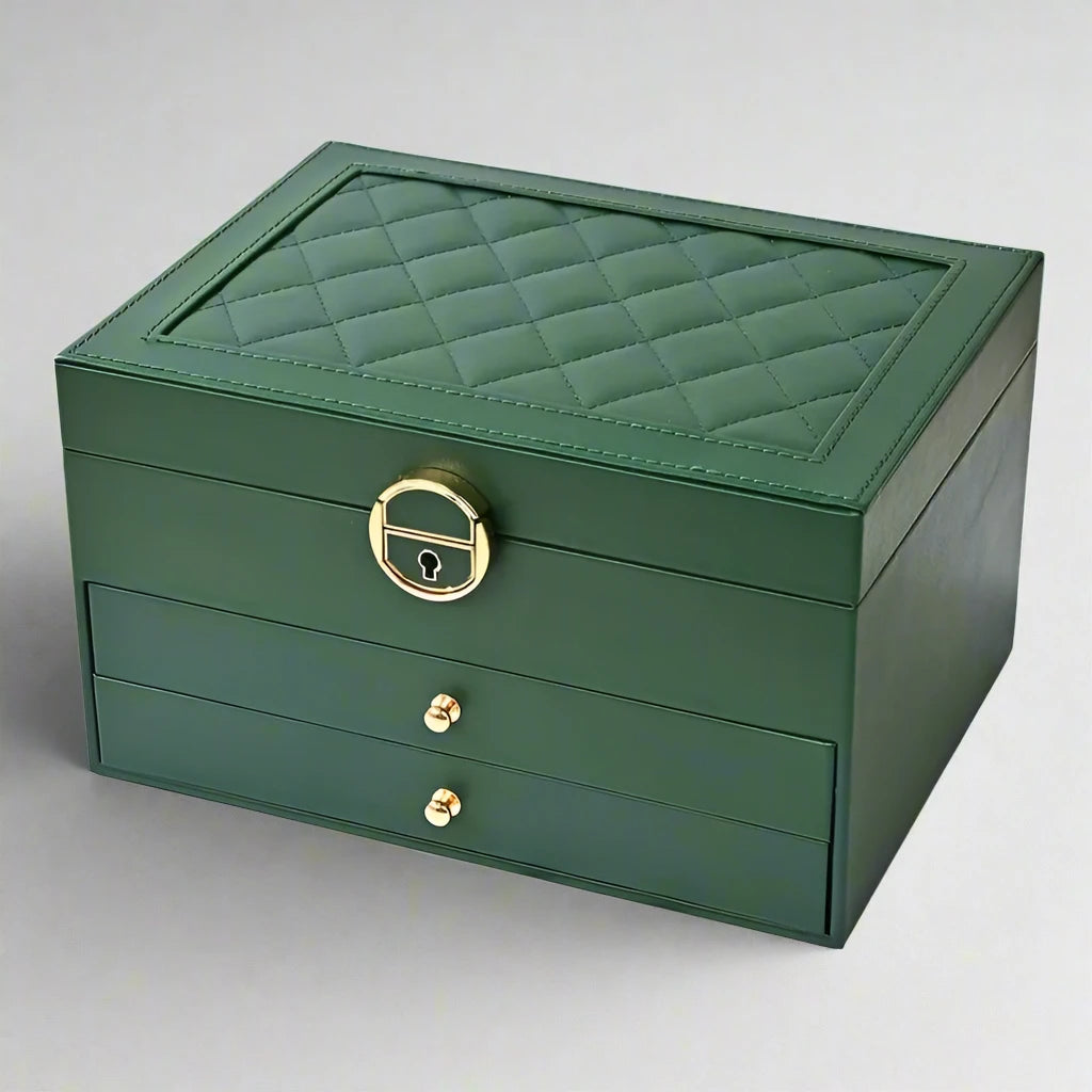 Afbeelding van de CELINE sieradendoos – een luxe sieraden organizer in beige met meerdere lagen en vakjes.