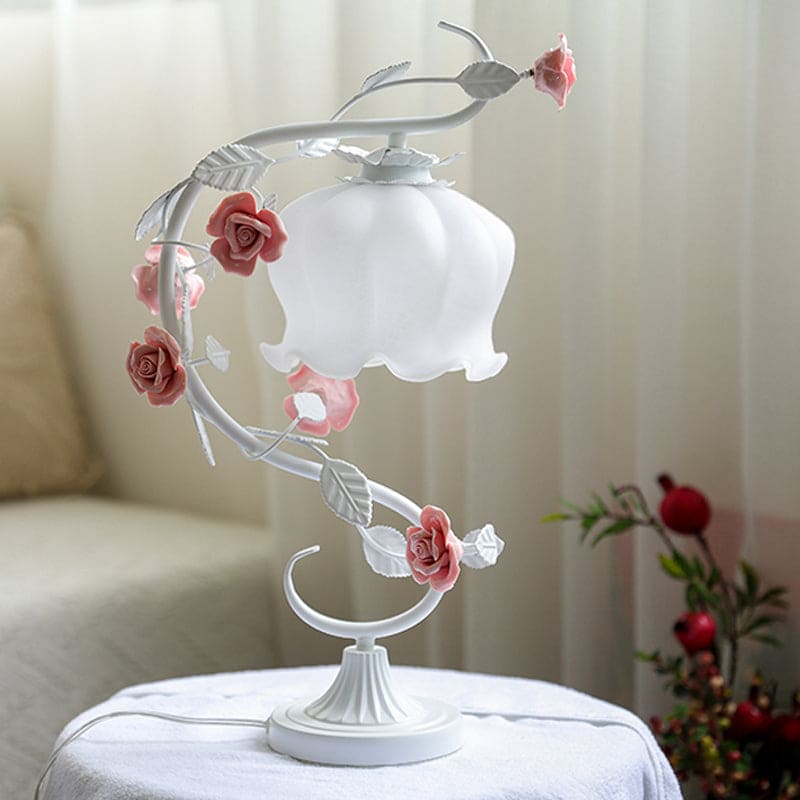 Floralux - Lampada da Tavolo in Stile Pastorale con Rosa in Ceramica